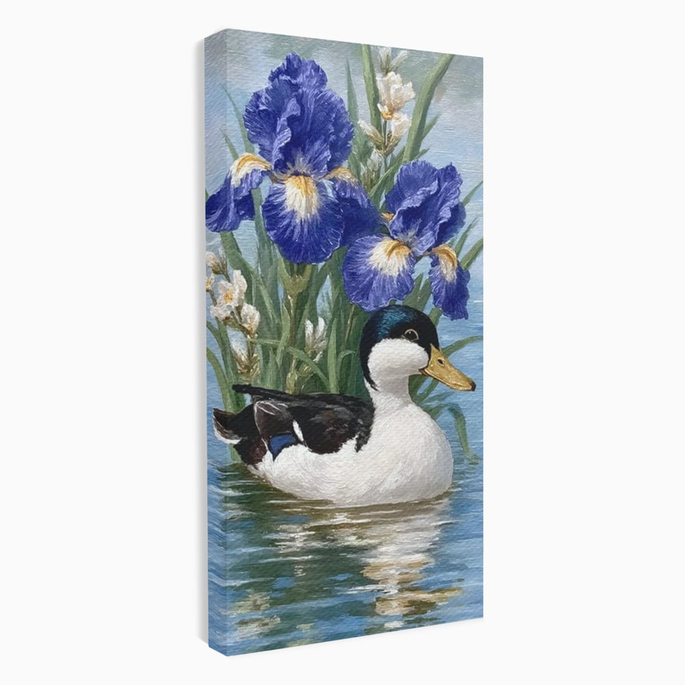 Tablou canvas cu tablou canvas cu rata pe lac si flori de iris, fara rama, pe sasiu de lemn